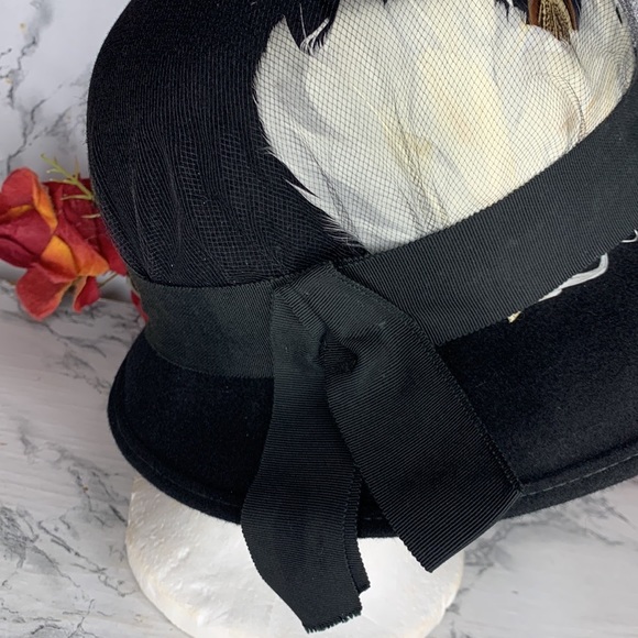 Vintage Midcentury Glenover Henry Pollack Black Wool Feather Cloche Bucket … - Picture 3 of 9